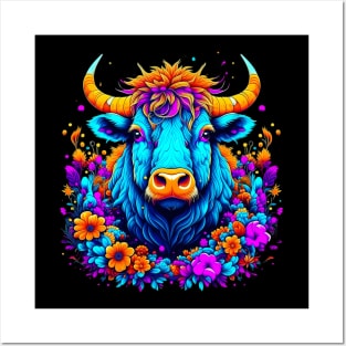 Colorful Highland Cow with florals Posters and Art